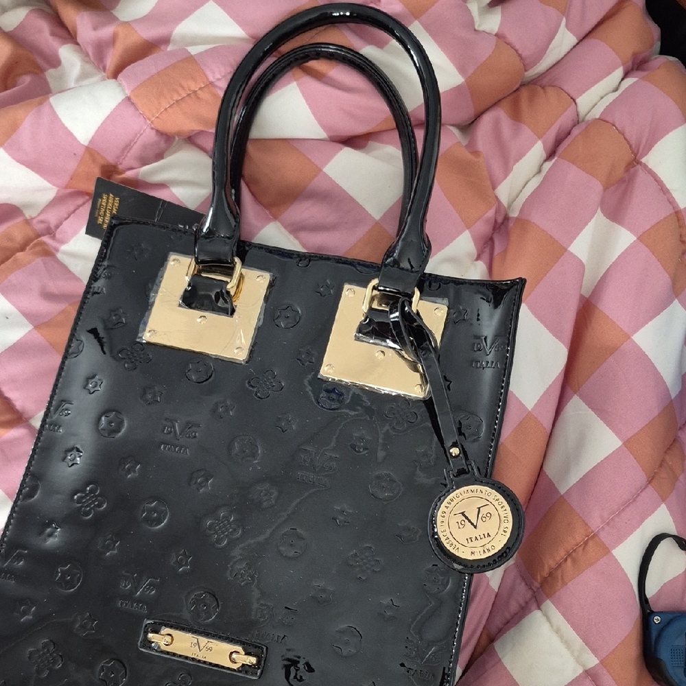New! Versace! Black Patent Tote with Gold Accents
